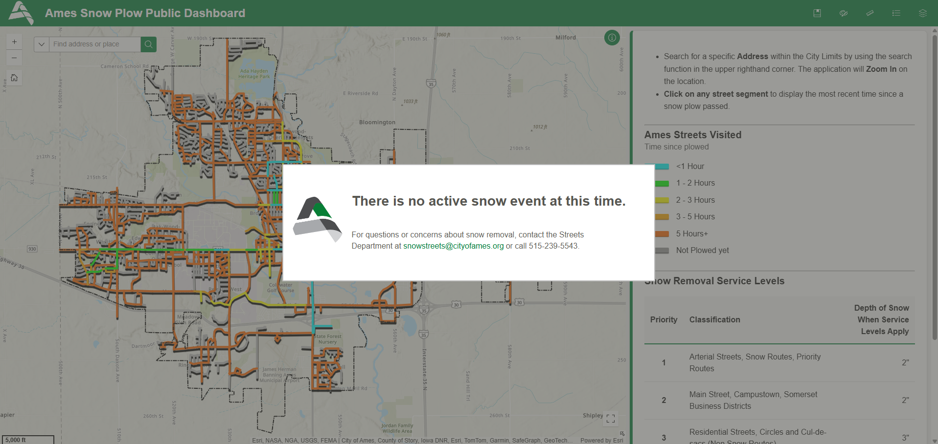 Ames Snow Plow Public Dashboard: There is no active snow event at this time. For questions or concerns about snow removal, contact the Streets Department at snowstreets@cityofames.org or call 515-239-5543.